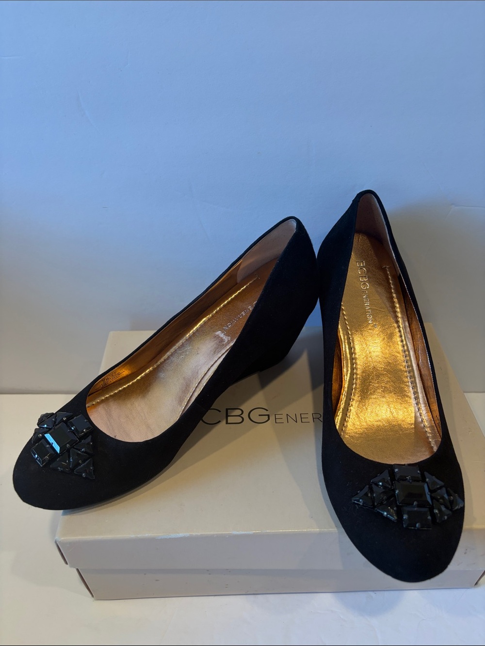 BCBGeneration Black Suede Wedge Pumps with Gem Accents